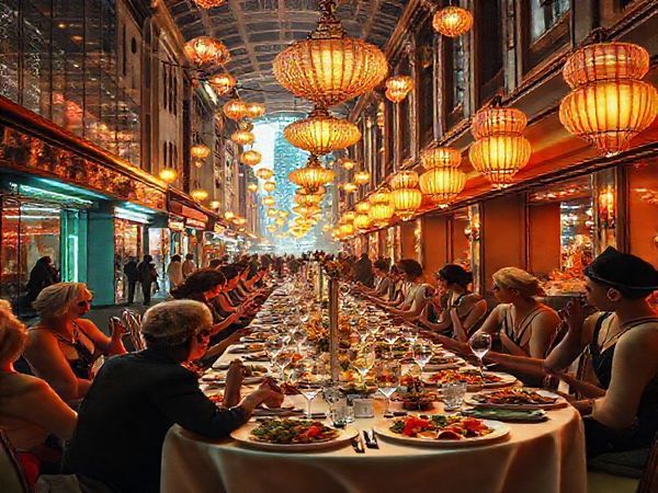 "Visualize a vibrant 1920s street scene transformed into a futuristic banquet hall, combining the elegance of the Roaring Twenties with high-tech nutrition innovations. Show an array of shimmering, futuristic food capsules and colorful, science-inspired meal designs laid out in an art deco style, juxtaposed with traditional dishes. Include excited diners dressed in 1920s fashion while futuristic gadgets serve meals with efficiency. The atmosphere should radiate optimism and creativity, all in high definition."