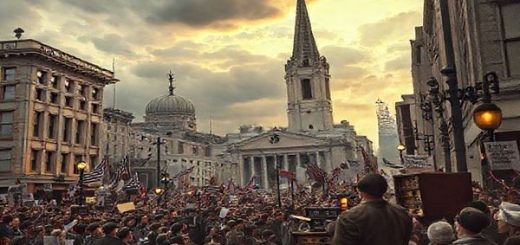 A high-definition image depicting a surreal 1930s scene of a bustling street corner, where charismatic religious leaders address captivated crowds with vintage radios broadcasting their messages. Ethereal visions of political symbols and faith intertwine in the background—an amalgamation of hope and anxiety. The architecture reflects that era, while the sky transitions from stormy gray to a hopeful dawn, symbolizing the interplay of religious politics and societal change, capturing the spirit of aspirations and uncertainties of the time.