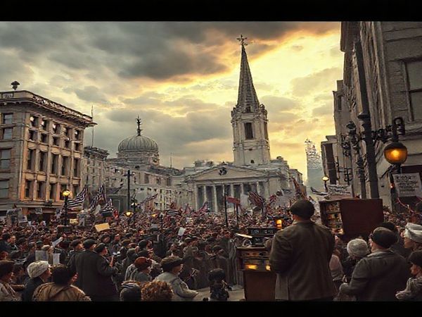 A high-definition image depicting a surreal 1930s scene of a bustling street corner, where charismatic religious leaders address captivated crowds with vintage radios broadcasting their messages. Ethereal visions of political symbols and faith intertwine in the background—an amalgamation of hope and anxiety. The architecture reflects that era, while the sky transitions from stormy gray to a hopeful dawn, symbolizing the interplay of religious politics and societal change, capturing the spirit of aspirations and uncertainties of the time.