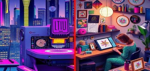 Create a vibrant, high-definition image that juxtaposes the futuristic visions of 1980s high-tech embroidery with today's handcrafted revival. On one side, depict a sleek, digital embroidery machine adorned with neon colors and retro-futuristic designs, set against a backdrop of a bustling, tech-infused urban landscape. On the other side, illustrate a cozy crafting nook filled with handmade embroidery pieces, colorful threads, and warm lighting, showcasing individuals passionately working on intricate designs. Let the scene capture the harmony between technology and tradition, blending elements of both eras into a vivid tapestry of creativity and innovation.