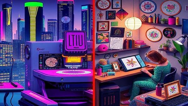 Create a vibrant, high-definition image that juxtaposes the futuristic visions of 1980s high-tech embroidery with today's handcrafted revival. On one side, depict a sleek, digital embroidery machine adorned with neon colors and retro-futuristic designs, set against a backdrop of a bustling, tech-infused urban landscape. On the other side, illustrate a cozy crafting nook filled with handmade embroidery pieces, colorful threads, and warm lighting, showcasing individuals passionately working on intricate designs. Let the scene capture the harmony between technology and tradition, blending elements of both eras into a vivid tapestry of creativity and innovation.