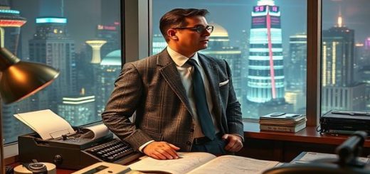 Create a high definition image of a 1950s entrepreneur in a sleek, modern office, surrounded by technological gadgets of the era, such as a vintage typewriter and a classic telephone. The entrepreneur, a confident figure dressed in a sharp gray flannel suit, gazes out of a large window overlooking a neon-lit futuristic cityscape, symbolizing the juxtaposition of traditional business and emerging technology. The room is filled with magazines and blueprints depicting visions of a promising future, capturing the spirit of optimism and innovation from that time.
