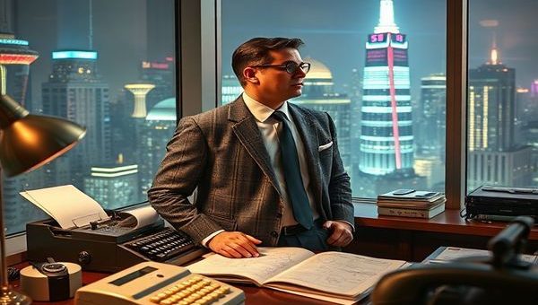 Create a high definition image of a 1950s entrepreneur in a sleek, modern office, surrounded by technological gadgets of the era, such as a vintage typewriter and a classic telephone. The entrepreneur, a confident figure dressed in a sharp gray flannel suit, gazes out of a large window overlooking a neon-lit futuristic cityscape, symbolizing the juxtaposition of traditional business and emerging technology. The room is filled with magazines and blueprints depicting visions of a promising future, capturing the spirit of optimism and innovation from that time.