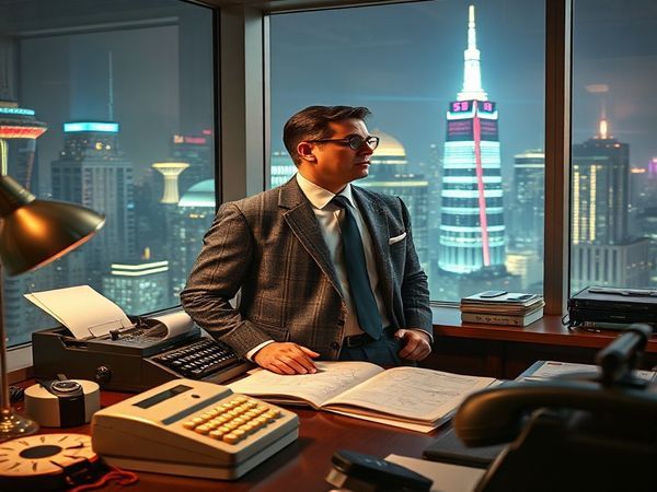 Create a high definition image of a 1950s entrepreneur in a sleek, modern office, surrounded by technological gadgets of the era, such as a vintage typewriter and a classic telephone. The entrepreneur, a confident figure dressed in a sharp gray flannel suit, gazes out of a large window overlooking a neon-lit futuristic cityscape, symbolizing the juxtaposition of traditional business and emerging technology. The room is filled with magazines and blueprints depicting visions of a promising future, capturing the spirit of optimism and innovation from that time.