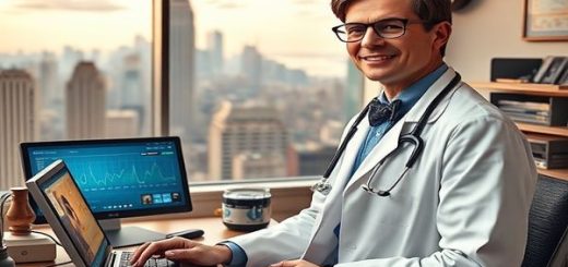 A vibrant 1920s doctor’s office blending with a modern telemedicine consultation, featuring a confident physician in a vintage flapper-style lab coat, surrounded by whimsical medical gadgets of the era, alongside screens displaying health data in high definition. In the background, a bustling city skyline symbolizes the technological revolution, merging the elegant past with a sleek 2020s aesthetic, capturing the evolution of the doctor-patient bond.