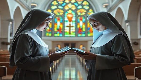 Create a high-definition image of a 1940s-inspired futuristic convent, where traditional nuns in modified habits interact with advanced technology. Picture them using holographic prayer books in a serene, modern chapel adorned with colorful stained glass and retro-futuristic designs. Incorporate elements of 1940s aesthetics, like vintage furnishings and soft, warm lighting, creating a harmonious blend of tradition and innovation in a contemplative atmosphere.