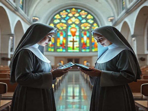 Create a high-definition image of a 1940s-inspired futuristic convent, where traditional nuns in modified habits interact with advanced technology. Picture them using holographic prayer books in a serene, modern chapel adorned with colorful stained glass and retro-futuristic designs. Incorporate elements of 1940s aesthetics, like vintage furnishings and soft, warm lighting, creating a harmonious blend of tradition and innovation in a contemplative atmosphere.