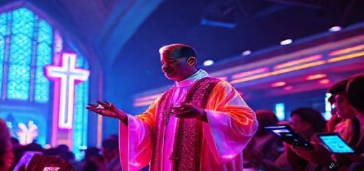 A vibrant 1980s-inspired scene depicting a futuristic clergy member, clad in glowing, tech-infused robes, engaging with congregants through holographic technology. The background features neon-lit architecture and retro-futuristic devices, blending tradition with digital innovation. Emphasize a warm, inclusive atmosphere, highlighting human connection amidst advanced technology. Make the image in high definition.