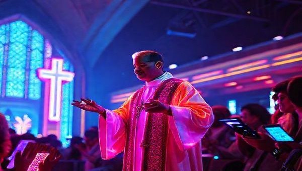 A vibrant 1980s-inspired scene depicting a futuristic clergy member, clad in glowing, tech-infused robes, engaging with congregants through holographic technology. The background features neon-lit architecture and retro-futuristic devices, blending tradition with digital innovation. Emphasize a warm, inclusive atmosphere, highlighting human connection amidst advanced technology. Make the image in high definition.