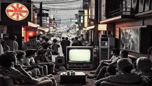 Create a high-definition image depicting a vibrant 1950s street scene, blending elements of rock 'n' roll culture and Cold War symbolism. Showcase people gathered around a black-and-white television in a cozy living room, discussing the future of religion amidst an optimistic ambiance. Incorporate futuristic visions of spirituality, with symbols of technology interwoven with traditional religious imagery, reflecting a community united in belief amid the tension of the era. Emphasize the contrast between the old and the new, capturing the essence of hope and curiosity that defined the decade.