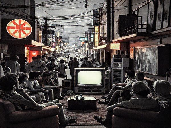 Create a high-definition image depicting a vibrant 1950s street scene, blending elements of rock 'n' roll culture and Cold War symbolism. Showcase people gathered around a black-and-white television in a cozy living room, discussing the future of religion amidst an optimistic ambiance. Incorporate futuristic visions of spirituality, with symbols of technology interwoven with traditional religious imagery, reflecting a community united in belief amid the tension of the era. Emphasize the contrast between the old and the new, capturing the essence of hope and curiosity that defined the decade.