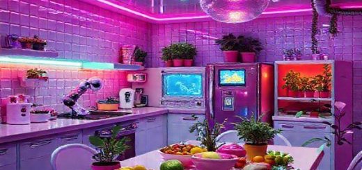"Visualize a mesmerizing 1970s futuristic kitchen, bathed in the glow of neon lights, equipped with quirky, colorful appliances and automated cooking gadgets. Imagine spaces where robotic arms prepare exotic dishes while plants flourish in vibrant pots, embodying the local farm-to-table movement amidst the space-age aesthetic. Include elements like a retro TV displaying sci-fi shows and a table festooned with organic, artisanal foods. Ensure the scene is bursting with vibrant colors and intricate details, rendered in high definition."