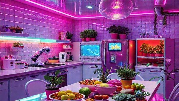 "Visualize a mesmerizing 1970s futuristic kitchen, bathed in the glow of neon lights, equipped with quirky, colorful appliances and automated cooking gadgets. Imagine spaces where robotic arms prepare exotic dishes while plants flourish in vibrant pots, embodying the local farm-to-table movement amidst the space-age aesthetic. Include elements like a retro TV displaying sci-fi shows and a table festooned with organic, artisanal foods. Ensure the scene is bursting with vibrant colors and intricate details, rendered in high definition."