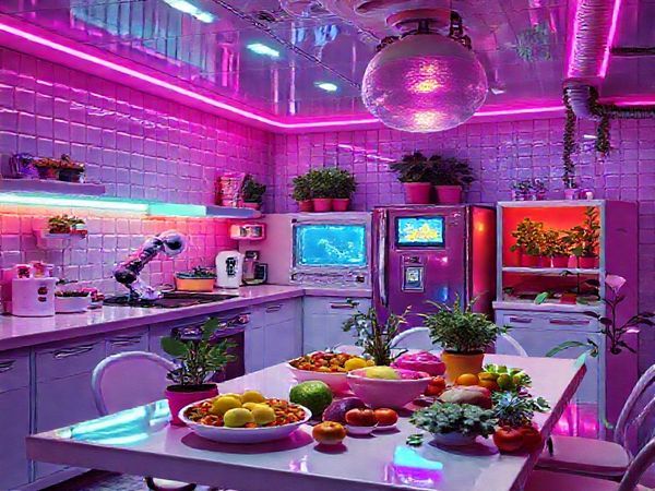 "Visualize a mesmerizing 1970s futuristic kitchen, bathed in the glow of neon lights, equipped with quirky, colorful appliances and automated cooking gadgets. Imagine spaces where robotic arms prepare exotic dishes while plants flourish in vibrant pots, embodying the local farm-to-table movement amidst the space-age aesthetic. Include elements like a retro TV displaying sci-fi shows and a table festooned with organic, artisanal foods. Ensure the scene is bursting with vibrant colors and intricate details, rendered in high definition."