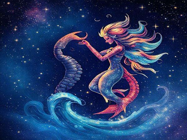 Create a high definition image featuring the cosmic dance of Scorpio and Gemini entwined among twinkling stars. Illustrate Scorpio as a deep, mysterious river with flowing water embodying passion and intensity, while Gemini appears as a playful breeze adorned with light, colorful winds. Capture the contrasting elemental energies of water and air merging into a vibrant, kaleidoscopic tapestry against the backdrop of the cosmos, celebrating their complementary relationship.