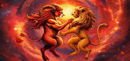 A cosmic scene depicting the fiery constellations of Aries and Leo, intertwined in a passionate dance among vibrant stars. Aries, the bold ram, charges forward with dynamic energy, while Leo, the majestic lion, exudes warmth and brilliance under the sun's glow. The background is a swirling galaxy painted in rich reds, golds, and deep blues, symbolizing their intense bond. High definition.