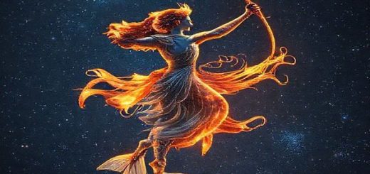 Create a high definition image of a celestial dance between Sagittarius and Pisces, depicted as a vibrant, fiery archer gracefully intertwining with a mystical, flowing figure representing water. The background should be a starry night sky filled with shimmering constellations, blending the warm hues of fire with the cool tones of water. Capture the enchanting contrast of their energies, with Sagittarius exuding an adventurous spirit and Pisces embodying deep emotion and intuition. The scene should convey a sense of harmony and transformation, illustrating their unique connection amidst the cosmos.
