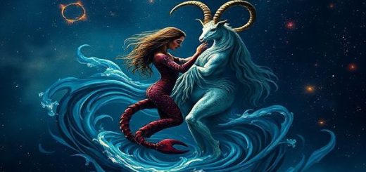 Create a high definition image of a celestial dance between the Scorpio and Capricorn zodiac signs. Depict Scorpio as a mysterious figure emerging from deep, emotional waters, with swirling shadows and vibrant colors representing passion and intensity. Contrast this with Capricorn as a steadfast, grounded presence depicted as a strong, ancient mountain, symbolizing ambition and stability. The two figures should intertwine in a dynamic yet harmonious embrace, illustrating the union of water and earth, with cosmic elements like stars and constellations framing the scene. The background should convey a celestial tapestry, depicting the vastness of the universe that connects their energies.