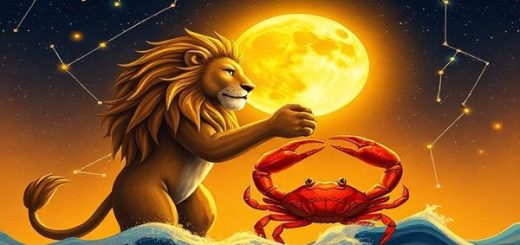 Create a high-definition image depicting the enchanting cosmic dance of Leo and Cancer under a starry sky. Illustrate Leo as a majestic lion bathed in warm golden sunlight, exuding confidence and charisma, alongside Cancer as a gentle crab illuminated by the soothing light of a crescent moon, surrounded by waves of shimmering water. Capture their unique energies intertwining, with constellations forming a celestial tapestry overhead, symbolizing their bond of warmth, compassion, and emotional depth.