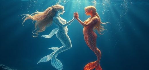 Create a high definition image depicting a mystical underwater scene where the ethereal figures of Pisces and Scorpio are elegantly dancing together in harmony. The Pisces figure, embodying softness and compassion, exudes a shimmering, dreamlike aura, while the Scorpio figure, radiating intensity and passion, displays powerful energy. Surround them with vibrant marine life and flowing currents that symbolize the depth of their emotional connection. The background should be a captivating blend of deep blues and magical light reflecting their union beneath the waves.