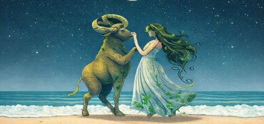 Create a high-definition image depicting the celestial dance between Taurus and Cancer under a starlit sky. Visualize Taurus as a steadfast figure surrounded by lush greenery and earthy textures, while Cancer is represented as a nurturing presence bathed in soft lunar light, with gentle waves lapping at a serene shoreline. Illustrate their union as a harmonious blend of earth and water, symbolized by intertwining plants and flowing water, conveying deep emotional connection and stability amidst a magical cosmic backdrop.