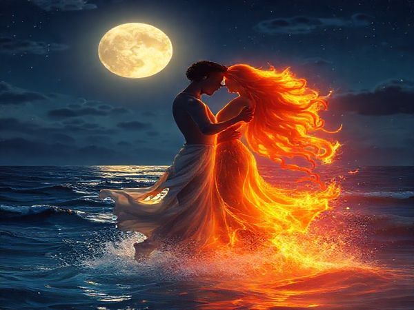 Create a high-definition image of the celestial dance between Cancer and Leo. Depict a serene night sky with a luminous moon illuminating gentle waves, symbolizing Cancer's emotional depth. Contrast this with a vibrant, blazing sun radiating warmth, representing Leo's fiery charisma. Intertwine elements of water and fire in a harmonious blend, showcasing their enchanting connection. Include subtle motifs of intimacy, growth, and mutual respect to illustrate their unique relationship. The scene should evoke a sense of tranquility and passion, capturing the essence of their celestial bond.