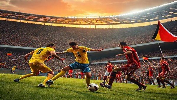 A dynamic football scene depicting Kazakhstan and Belgium battling it out on the pitch during their World Cup qualifier match. Capture the fierce determination of Kazakhstan's players in yellow, executing a swift counter-attack, while the Belgian team in red orchestrates a tactical defense. The stadium is packed with enthusiastic fans waving flags, showcasing contrasting national pride. Include a dramatic sunset backdrop illuminating the scene, emphasizing the intensity and significance of the match. High definition.