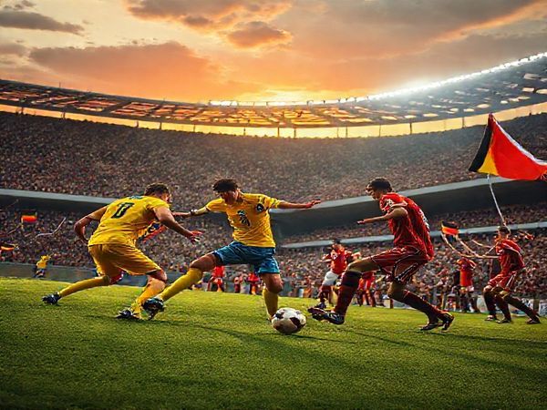 A dynamic football scene depicting Kazakhstan and Belgium battling it out on the pitch during their World Cup qualifier match. Capture the fierce determination of Kazakhstan's players in yellow, executing a swift counter-attack, while the Belgian team in red orchestrates a tactical defense. The stadium is packed with enthusiastic fans waving flags, showcasing contrasting national pride. Include a dramatic sunset backdrop illuminating the scene, emphasizing the intensity and significance of the match. High definition.