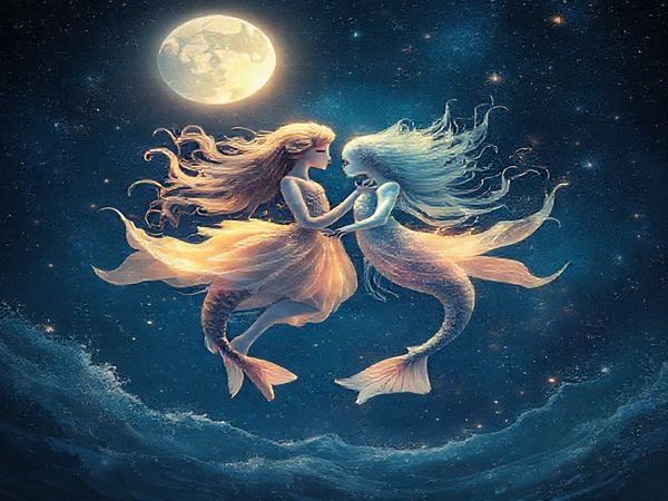 Create a high definition image of two ethereal beings representing Cancer and Pisces, entwined in a cosmic ballet beneath a starry night sky. Cancer, illuminated by gentle moonlight, embodies nurturing warmth, while Pisces radiates mystical colors, swirling with stardust and dreams. They swim gracefully in an ocean of emotions, their connection palpable as waves of energy flow between them. Surround them with shimmering stars and gentle currents, capturing the enchanting essence of their celestial love story.