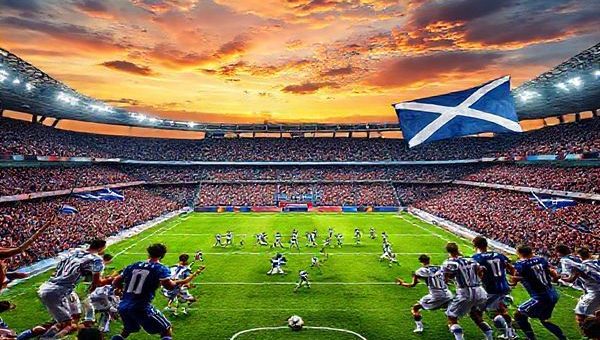 "Visualize an epic football showdown between Greece and Scotland, set in a vibrant Athens stadium under a sunset sky. The intense atmosphere pulses with energy as fans wave flags, adorned in the deep blue of Greece and the bold colors of Scotland. On the pitch, Greek players in traditional white kits form a disciplined defensive line, while Scottish players in their tartan uniforms prepare for an explosive attack. Capture the tactical clash with players in dynamic poses, showcasing their passion and determination. High definition."