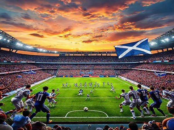 "Visualize an epic football showdown between Greece and Scotland, set in a vibrant Athens stadium under a sunset sky. The intense atmosphere pulses with energy as fans wave flags, adorned in the deep blue of Greece and the bold colors of Scotland. On the pitch, Greek players in traditional white kits form a disciplined defensive line, while Scottish players in their tartan uniforms prepare for an explosive attack. Capture the tactical clash with players in dynamic poses, showcasing their passion and determination. High definition."