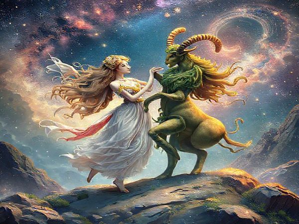 Create a high-definition image depicting a dreamlike cosmic landscape where Libra and Taurus are personified as celestial beings. Libra, a graceful figure adorned in air-like wisps and flowing fabrics, embodies charm and harmony, while Taurus, a solid and earthy character wrapped in lush greenery and rich textures, represents stability and sensuality. They dance among twinkling stars and swirling galaxies, their paths intertwining in a symphonic display of colors and light, illustrating the profound connection between air and earth under the glow of Venus.