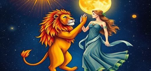 Create a high-definition image depicting the cosmic dance between Leo and Virgo, illustrating Leo as a radiant lion with a fiery mane under a brilliant sun, surrounded by vibrant colors of passion and creativity. Meanwhile, Virgo appears as an elegant figure embodying Earth, meticulously adorned with lush greenery and celestial symbols, receiving gentle moonlight. The background features a starry sky with constellations intertwining, representing the harmonious yet contrasting energies of these two zodiac signs in a breathtaking celestial tapestry.
