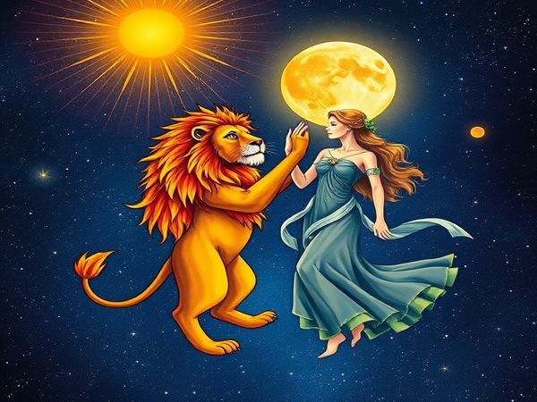 Create a high-definition image depicting the cosmic dance between Leo and Virgo, illustrating Leo as a radiant lion with a fiery mane under a brilliant sun, surrounded by vibrant colors of passion and creativity. Meanwhile, Virgo appears as an elegant figure embodying Earth, meticulously adorned with lush greenery and celestial symbols, receiving gentle moonlight. The background features a starry sky with constellations intertwining, representing the harmonious yet contrasting energies of these two zodiac signs in a breathtaking celestial tapestry.