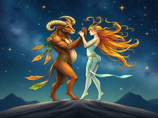 **Image Prompt:** Create a high-definition illustration of the celestial dance between Taurus and Gemini, depicted as ethereal beings in a cosmic landscape. Taurus, a gentle, grounded figure adorned with earthy tones and floral elements, embodies stability and sensuality, while Gemini, a vibrant, playful figure with airy, swirling patterns and a burst of color, represents curiosity and adaptability. Show them intertwined in a harmonious waltz beneath a star-studded sky, with celestial bodies illuminating their contrasting yet complementary spirits, symbolizing their unique bond and the fusion of Earth and Air energies.