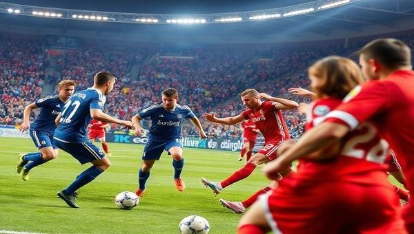 A dramatic scene depicting a World Cup qualifier match between Slovenia and Kosovo, showcasing the contrasting styles of the teams. On one side, Slovenia's players in their tactical navy blue kit demonstrate methodical precision, passing the ball with calculated movements against a backdrop of cheering fans. On the other side, Kosovo’s vibrant red-clad warriors explode with energy and flair, launching a swift counterattack with youthful exuberance. The stadium is a sea of flags, captured under the bright floodlights, with the atmosphere electric. High definition.