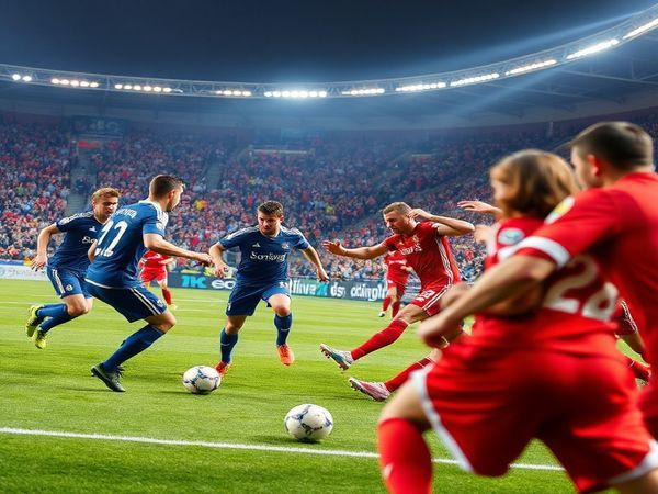 A dramatic scene depicting a World Cup qualifier match between Slovenia and Kosovo, showcasing the contrasting styles of the teams. On one side, Slovenia's players in their tactical navy blue kit demonstrate methodical precision, passing the ball with calculated movements against a backdrop of cheering fans. On the other side, Kosovo’s vibrant red-clad warriors explode with energy and flair, launching a swift counterattack with youthful exuberance. The stadium is a sea of flags, captured under the bright floodlights, with the atmosphere electric. High definition.