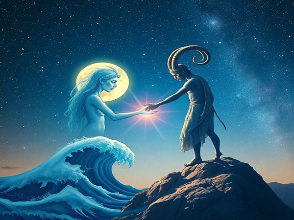 "Create a high definition image of a celestial landscape where the zodiac signs Cancer and Capricorn are personified as two harmonious figures. Cancer, represented by a nurturing water deity adorned with moonlit waves and gentle ocean currents, embodies emotion and intuition. Capricorn, depicted as a steadfast earth guardian climbing a mountain, is surrounded by symbols of ambition and structure. Their hands merge in the center, illustrating the balance of water nurturing earth, beneath a stellar sky filled with constellations and glowing galaxies, symbolizing their profound connection amidst the cosmos."