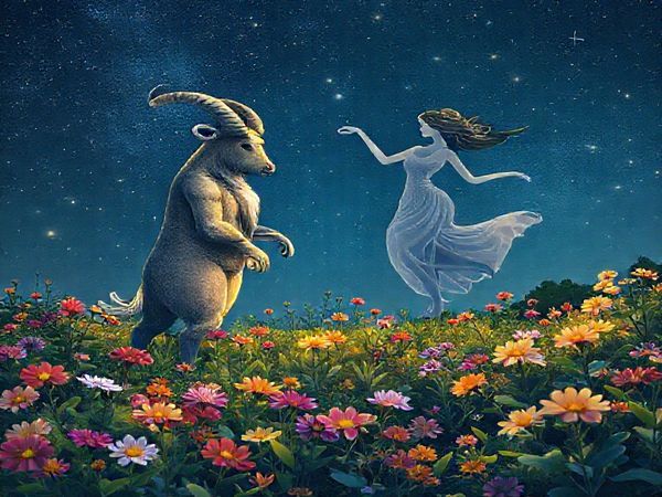 A high definition image depicting the celestial union of Taurus and Libra, represented as a vibrant garden where Taurus stands as a strong, grounded figure cultivating blooming flowers, while Libra, a graceful, airy figure, dances among them, illustrating harmony and balance. The background features a starry night sky with constellations subtly glowing, symbolizing their cosmic connection, intertwining earth and air elements, showcasing both the beauty of nature and the ethereal quality of their love.