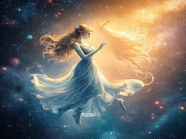A celestial scene depicting the ethereal union of Libra and Aquarius, bathed in shimmering cosmic light. Libra, personified as a graceful figure embodying beauty and harmony, dances with an innovative Aquarius, whose flowing attire reflects creativity and change. They intertwine amidst vibrant constellations, where Venus and Saturn illuminate their connection. Background of twinkling stars and swirling galaxies enhances the ambiance, symbolizing their intellectual and emotional bond. Create this enchanting image in high definition.