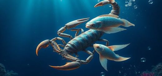 Create a high-definition image of a mystical underwater dance between a scorpion and two ethereal fish, representing Scorpio and Pisces. The scorpion, with a seductive and powerful aura, glides through deep blue waters, illuminated by shimmering light filtering from above. The Pisces fish, adorned with iridescent scales and flowing fins, encircle the scorpion, radiating warmth and empathy. Surround them with a rich tapestry of coral and soft waves, blending mystery and romance, while bubbles and ethereal currents swirl around, symbolizing their emotional depth and connection.