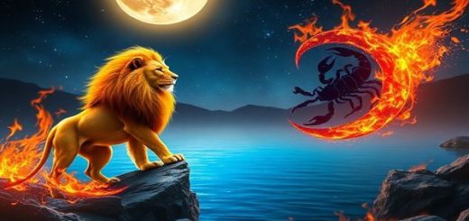 Visualize a dramatic celestial landscape where the fiery lion of Leo, resplendent with a golden mane, stands proud under a blazing sun, radiating warmth and energy. Nearby, a deep, tranquil lake reflects the moonlight, where the enigmatic Scorpio, a silhouette of mystery, lurks with an aura of intensity and allure. Their energies intertwine in a passionate dance, with vivid flames and water spiraling together, symbolizing the electric connection between fire and water. Surrounding them, constellations shimmer in high definition, making the scene burst with life, beauty, and cosmic intrigue.