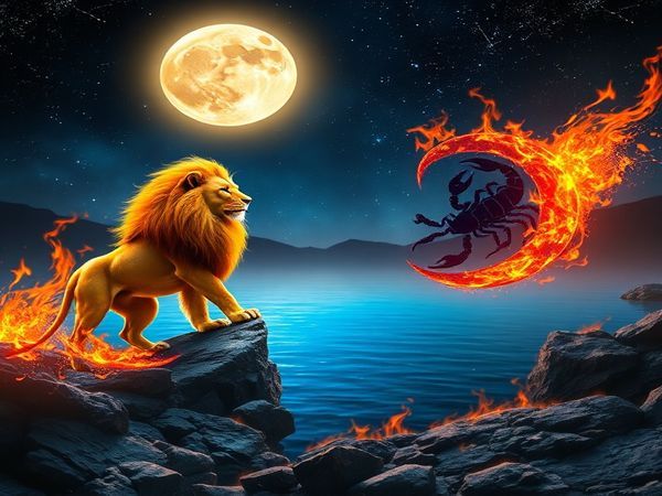 Visualize a dramatic celestial landscape where the fiery lion of Leo, resplendent with a golden mane, stands proud under a blazing sun, radiating warmth and energy. Nearby, a deep, tranquil lake reflects the moonlight, where the enigmatic Scorpio, a silhouette of mystery, lurks with an aura of intensity and allure. Their energies intertwine in a passionate dance, with vivid flames and water spiraling together, symbolizing the electric connection between fire and water. Surrounding them, constellations shimmer in high definition, making the scene burst with life, beauty, and cosmic intrigue.
