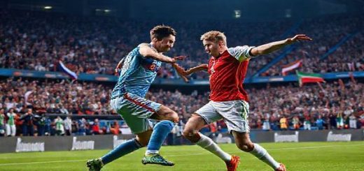 A high-definition image depicting an intense football scene in a stadium filled with passionate fans. In the foreground, a duel between two players symbolizes the clash of styles: Slovakia's Marek Hamsik showcasing finesse and tactical discipline against Northern Ireland's Steven Davis embodying determination and tenacity. The atmosphere is electric, with flags waving and the grass glistening under stadium lights, capturing the high stakes of their World Cup qualifier match.