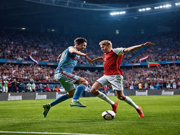 A high-definition image depicting an intense football scene in a stadium filled with passionate fans. In the foreground, a duel between two players symbolizes the clash of styles: Slovakia's Marek Hamsik showcasing finesse and tactical discipline against Northern Ireland's Steven Davis embodying determination and tenacity. The atmosphere is electric, with flags waving and the grass glistening under stadium lights, capturing the high stakes of their World Cup qualifier match.