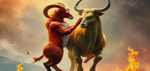 **Create a high definition image of a vibrant cosmic dance where Aries, represented as a fiery ram with bold, passionate colors, and Taurus, depicted as a serene earth bull with calming, grounded tones, intertwine in a mystical landscape. Surround them with elements symbolizing their strengths: flames for Aries' exuberance and lush greenery for Taurus' stability. The background should blend the contrasts of fire and earth, capturing the essence of their unique relationship and dynamic, with stars twinkling above and an ethereal light illuminating their union.**