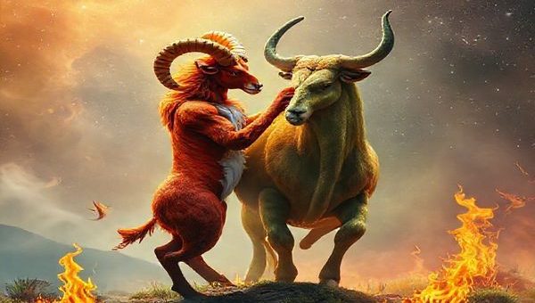 **Create a high definition image of a vibrant cosmic dance where Aries, represented as a fiery ram with bold, passionate colors, and Taurus, depicted as a serene earth bull with calming, grounded tones, intertwine in a mystical landscape. Surround them with elements symbolizing their strengths: flames for Aries' exuberance and lush greenery for Taurus' stability. The background should blend the contrasts of fire and earth, capturing the essence of their unique relationship and dynamic, with stars twinkling above and an ethereal light illuminating their union.**