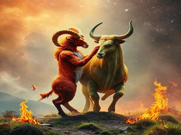 **Create a high definition image of a vibrant cosmic dance where Aries, represented as a fiery ram with bold, passionate colors, and Taurus, depicted as a serene earth bull with calming, grounded tones, intertwine in a mystical landscape. Surround them with elements symbolizing their strengths: flames for Aries' exuberance and lush greenery for Taurus' stability. The background should blend the contrasts of fire and earth, capturing the essence of their unique relationship and dynamic, with stars twinkling above and an ethereal light illuminating their union.**