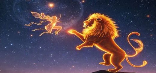 Create an enchanting high-definition image of a twilight sky where the constellations of Gemini and Leo intersect in a celestial dance. Visualize Gemini represented by two playful, shining figures, flitting like butterflies amidst stars, surrounded by swirling clouds of soft, silver light. Opposite them, depict Leo as a majestic, fiery lion with a glowing mane, radiating warmth and passion, with golden hues blending into the darkness. The background should be a vibrant, star-studded landscape that captures the essence of adventure and the magic of their connection, with artistic swirls of light symbolizing their dynamic interaction.