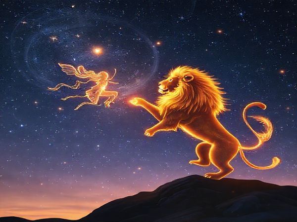 Create an enchanting high-definition image of a twilight sky where the constellations of Gemini and Leo intersect in a celestial dance. Visualize Gemini represented by two playful, shining figures, flitting like butterflies amidst stars, surrounded by swirling clouds of soft, silver light. Opposite them, depict Leo as a majestic, fiery lion with a glowing mane, radiating warmth and passion, with golden hues blending into the darkness. The background should be a vibrant, star-studded landscape that captures the essence of adventure and the magic of their connection, with artistic swirls of light symbolizing their dynamic interaction.